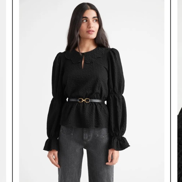 NWT & Other Stories Puff Sleeve Black Top Size S Waffled Scallop Collar B22 - Picture 1 of 9